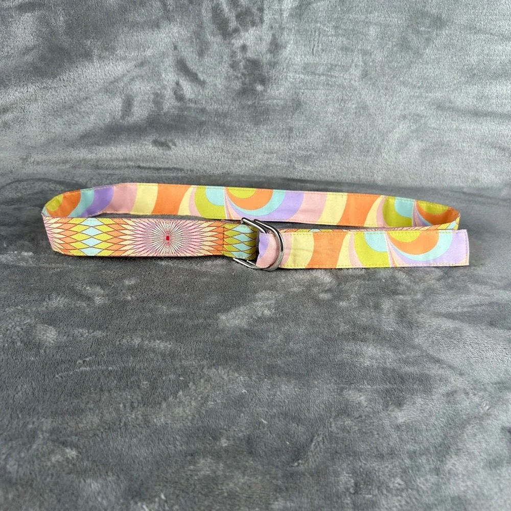 Vintage Style Psychedelic Sunburst D-Ring Belt Retro Geometric Swirl Multi Color